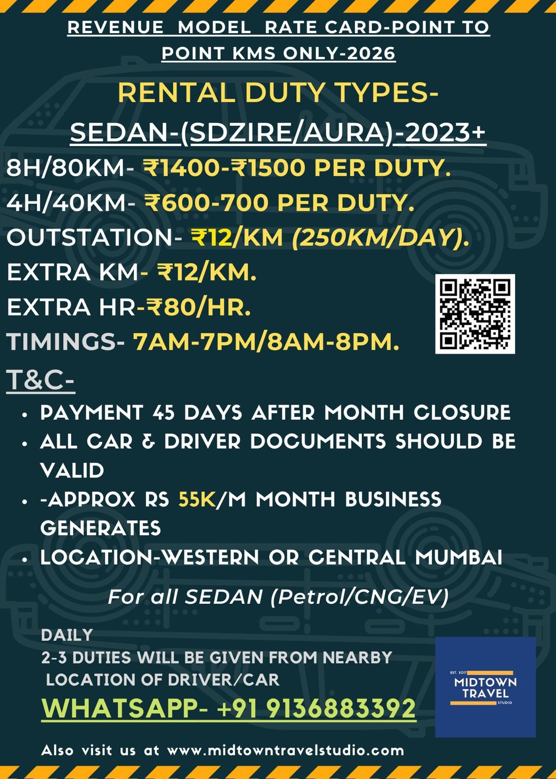 Sedan Dzire/Aura Rate Card 2026