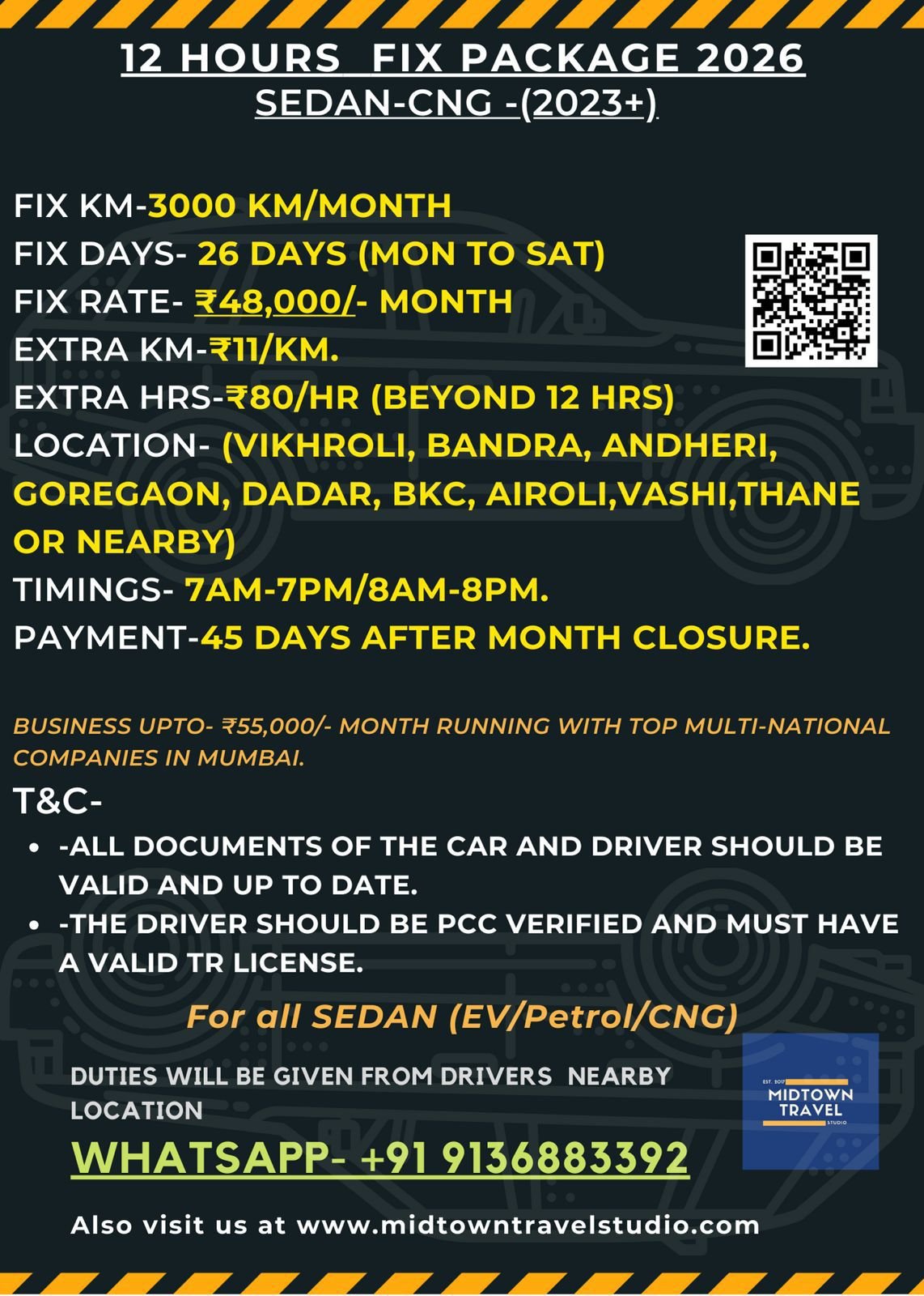 Sedan Fixed Package 3000 KM Rate Card 2026